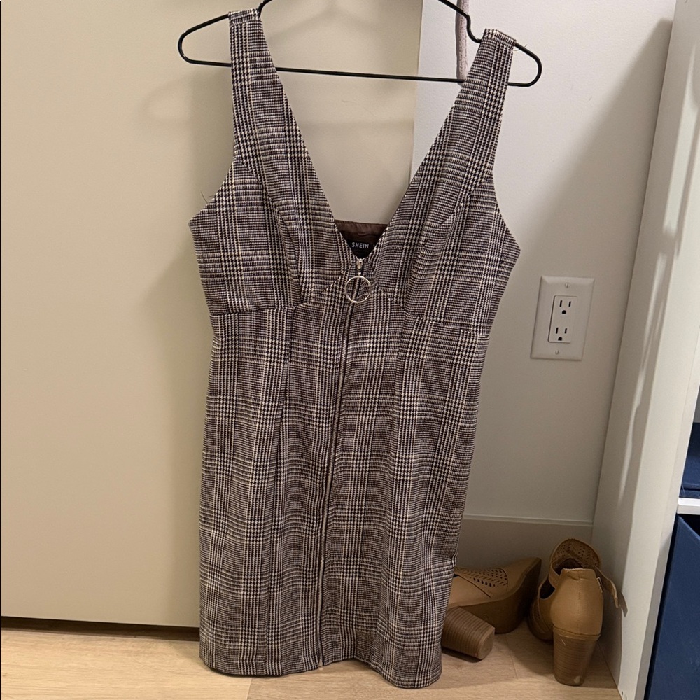 SHEIN Brown Plaid Mini Dress